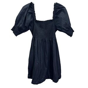 Hill House Home The Nap Dress Black Smocked Puff Sleeve Square Neck Mini Dress M
